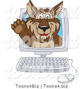 Vector Illustration of a Cartoon Wolf Mascot Waving on a Computer Screen by Mascot Junction