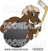 Vector Illustration of a Cartoon Wolverine Mascot Holding a Hockey Puck and Stick by Mascot Junction