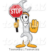 Vector Illustration of a Cartoon Wrench Mascot Holding a Stop Sign by Mascot Junction