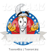 Vector Illustration of a Cartoon Wrench Mascot over a Blank White Banner on an American Themed Business Logo by Mascot Junction