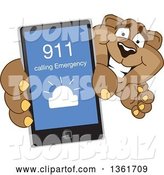 Vector Illustration of a Cougar School Mascot Holding up a Smart Phone and Calling an Emergency Number, Symbolizing Safety by Mascot Junction