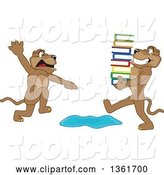 Vector Illustration of a Cougar School Mascot Warning Another That Is Carrying Books About a Puddle, Symbolizing Being Proactive by Mascot Junction