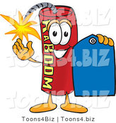 Vector Illustration of a Dynamite Stick Mascot Holding a Blue Sales Price Tag by Mascot Junction