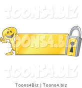 Vector Illustration of a Gold Cartoon Key Mascot and Padlock with a Gold Plate by Mascot Junction