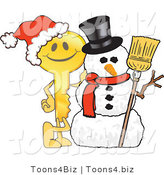 Vector Illustration of a Gold Cartoon Key Mascot by a Snowman by Mascot Junction