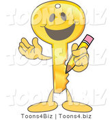 Vector Illustration of a Gold Cartoon Key Mascot Holding a Pencil by Mascot Junction