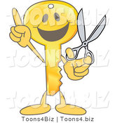 Vector Illustration of a Gold Cartoon Key Mascot Holding Scissors by Mascot Junction