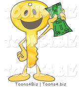 Vector Illustration of a Gold Cartoon Key Mascot Holding up a Dollar Bill by Mascot Junction