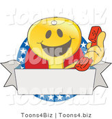 Vector Illustration of a Gold Cartoon Key Mascot Logo with a Phone, Banner and American Stars by Mascot Junction