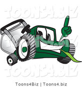 Vector Illustration of a Green Cartoon Lawn Mower Mascot Facing Front and Pointing up by Mascot Junction