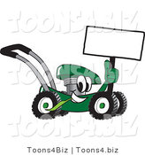 Vector Illustration of a Green Cartoon Lawn Mower Mascot Holding a Blank Sign by Mascot Junction