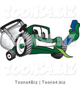 Vector Illustration of a Green Cartoon Lawn Mower Mascot Holding out a Blue Telephone by Mascot Junction