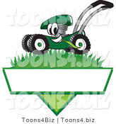 Vector Illustration of a Green Cartoon Lawn Mower Mascot Mowing Grass over a Blank White Label by Mascot Junction