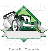 Vector Illustration of a Green Cartoon Lawn Mower Mascot on a Blank Label by Mascot Junction