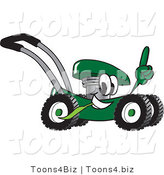 Vector Illustration of a Green Cartoon Lawn Mower Mascot Passing by and Pointing Upwards by Mascot Junction