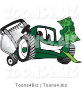 Vector Illustration of a Green Cartoon Lawn Mower Mascot Waving a Dollar Bill by Mascot Junction