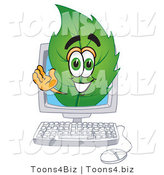 Vector Illustration of a Green Leaf Mascot on a Computer Screen by Mascot Junction