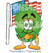 Vector Illustration of a Green Leaf Mascot Pledging Allegiance to an American Flag by Mascot Junction