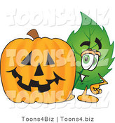 Vector Illustration of a Green Leaf Mascot with a Halloween Pumpkin by Mascot Junction