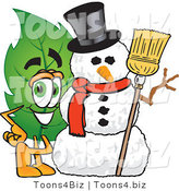Vector Illustration of a Green Leaf Mascot with a Snowman on Christmas by Mascot Junction