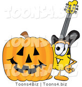 Vector Illustration of a Guitar Mascot with a Carved Halloween Pumpkin by Mascot Junction