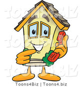 Vector Illustration of a Happy Cartoon Home Mascot with Phone by Mascot Junction