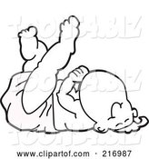 Vector Illustration of a Happy Cartoon Outlined Baby Boy Mascot in a Diaper, Resting on His Back by Mascot Junction