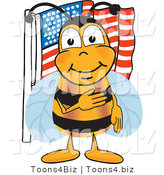 Vector Illustration of a Honey Bee Mascot Giving the Pledge of Allegiance near an American Flag by Mascot Junction
