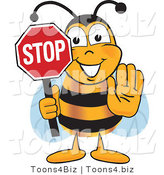 Vector Illustration of a Honey Bee Mascot Holding His Hand out and a Red Stop Sign by Mascot Junction
