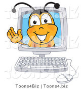 Vector Illustration of a Honey Bee Mascot in a Computer Monitor, Waving by Mascot Junction