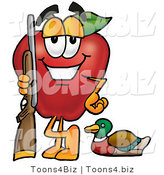 Vector Illustration of a Red Apple Mascot Duck Hunting, Standing with a Rifle and Duck by Mascot Junction