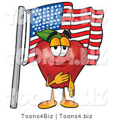 Vector Illustration of a Red Apple Mascot Giving the Pledge of Allegiance in Front of an American Flag by Mascot Junction