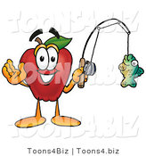Vector Illustration of a Red Apple Mascot Holding a Fish on a Fishing Pole by Mascot Junction