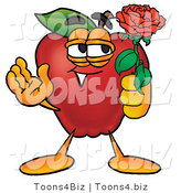 Vector Illustration of a Red Apple Mascot Holding a Single Red Rose for His Love on Valentines Day by Mascot Junction