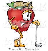 Vector Illustration of a Red Apple Mascot Leaning on a Golf Club While Golfing by Mascot Junction