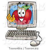 Vector Illustration of a Red Apple Mascot on a Desktop Computer Screen by Mascot Junction