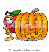 Vector Illustration of a Red Apple Mascot Standing with a Carved Jackolantern Halloween Pumpkin by Mascot Junction