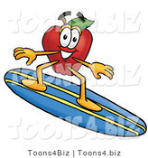 Vector Illustration of a Red Apple Mascot Surfing on a Blue and Yellow Surfboard by Mascot Junction