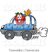 Vector Illustration of a Red Apple Mascot Waving While Driving by in a Blue Car by Mascot Junction