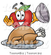 Vector Illustration of a Red Apple Mascot with a Cooked Thanksgiving Turkey on a Platter by Mascot Junction