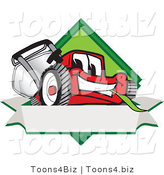 Vector Illustration of a Red Cartoon Lawn Mower Mascot on a Blank Label by Mascot Junction