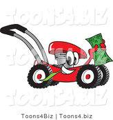 Vector Illustration of a Red Cartoon Lawn Mower Mascot Passing by and Carrying a Dollar Bill by Mascot Junction