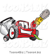 Vector Illustration of a Red Cartoon Lawn Mower Mascot Waving a Saw by Mascot Junction