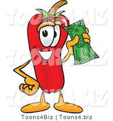 Vector Illustration of a Red Hot Chili Pepper Mascot Holding a Dollar Bill by Mascot Junction