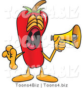 Vector Illustration of a Red Hot Chili Pepper Mascot Screaming into a Megaphone by Mascot Junction