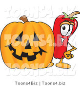 Vector Illustration of a Red Hot Chili Pepper Mascot Standing with a Carved Halloween Pumpkin by Mascot Junction