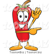 Vector Illustration of a Red Hot Chili Pepper Mascot Waving and Pointing by Mascot Junction