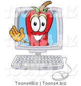 Vector Illustration of a Red Hot Chili Pepper Mascot Waving in a Computer Screen by Mascot Junction