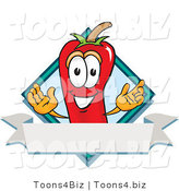 Vector Illustration of a Red Hot Chili Pepper Mascot with a Blue Diamond and Blank Label by Mascot Junction