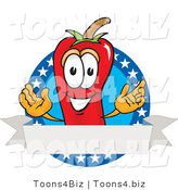 Vector Illustration of a Red Hot Chili Pepper Mascot with Stars and a Blank Label by Mascot Junction
